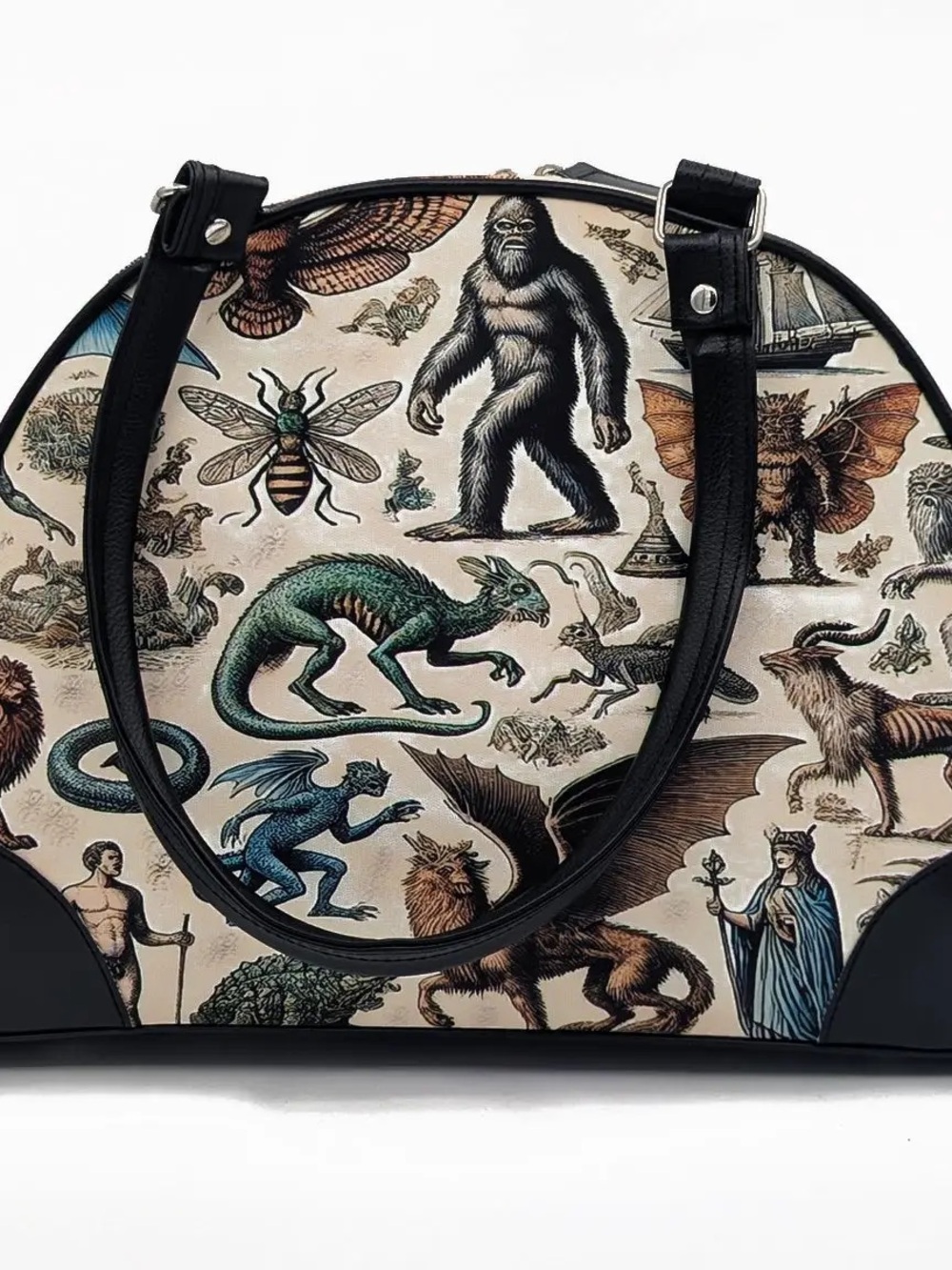 Mythical Creature Print Dome Satchel - Black Trim